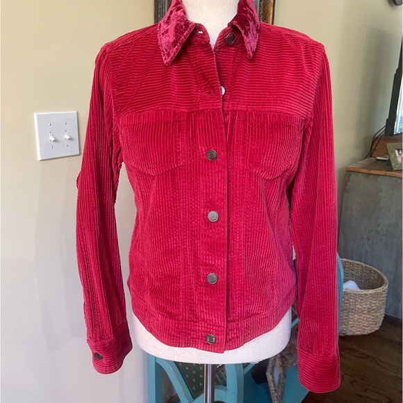 JJill Sz XS Red Large Wall Soft Corduroy with Crushed Velvet Collar Jean Jacket - Picture 2 of 6